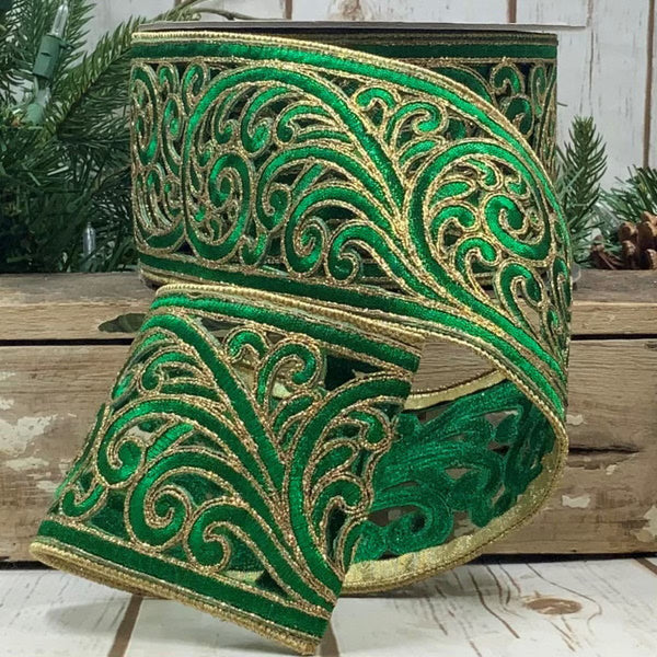 Ruban guirlande volutes métalliques émeraude 8,9 cm x 9 m