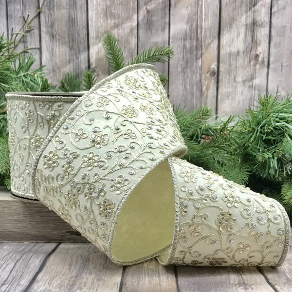 Ruban soie fleuri bijou jardin ivoire 10 cm x 9 m