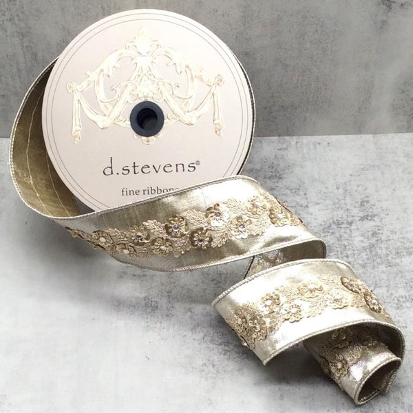 Ruban velours soie métallique centre fleuri sequins platine 6,5 cm x 9 m