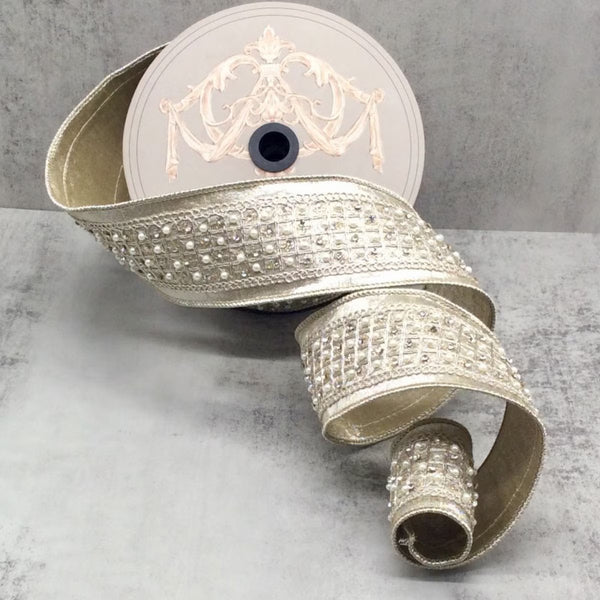 Ruban velours soie métallique centre perle bijou clair platine 6,5 cm x 9 m