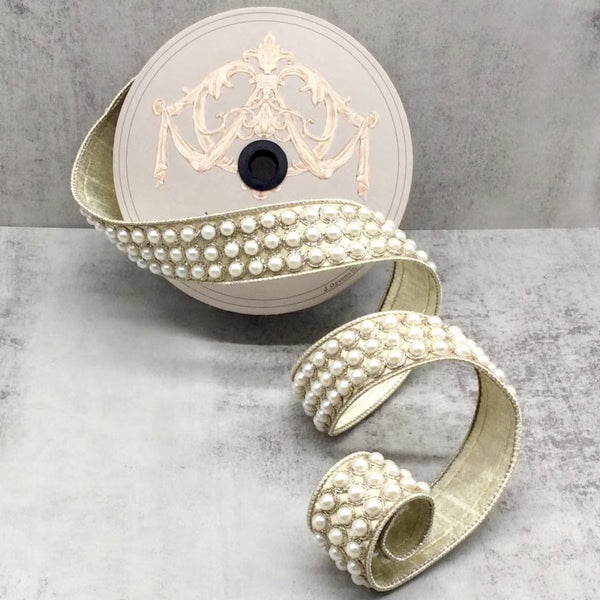 Ruban velours soie métallique perles platine 3,8 cm x 4,5 m