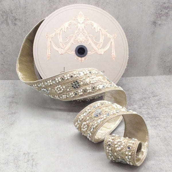 Ruban velours soie métallique fleuri perles miroir platine 6,5 cm x 4,5 m