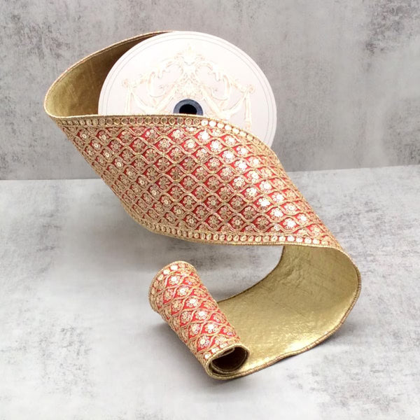 Ruban soie motif marocain sequins or rouge 10 cm x 9 m