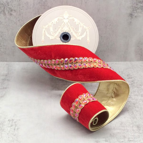 Ruban velours bijou feuilles févier aurore boréale rouge 10 cm x 4,5 m