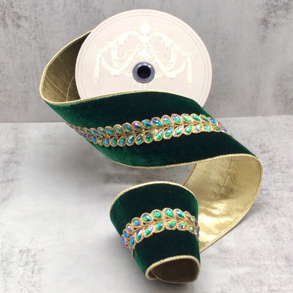 Ruban velours bijou feuilles févier aurore boréale émeraude 10 cm x 4,5 m