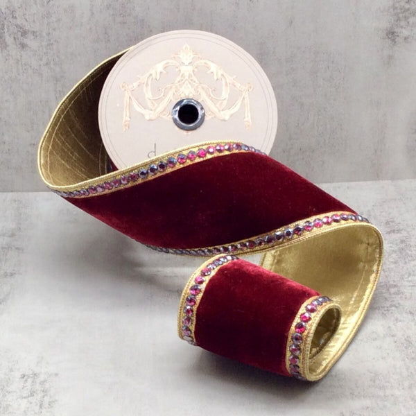 Ruban latéral velours bijou dos or bordeaux 10 cm x 4,5 m
