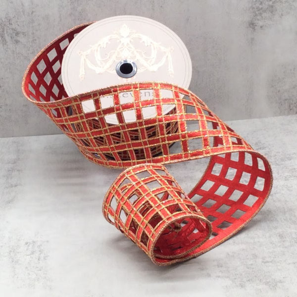 Ruban velours soie métallique carreaux rouge or 10 cm x 9 m