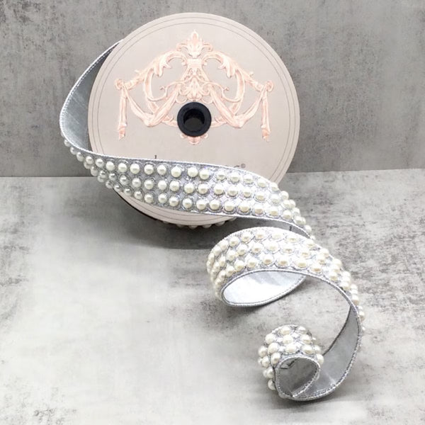 Ruban velours soie métallique perles argent 3,8 cm x 4,5 m