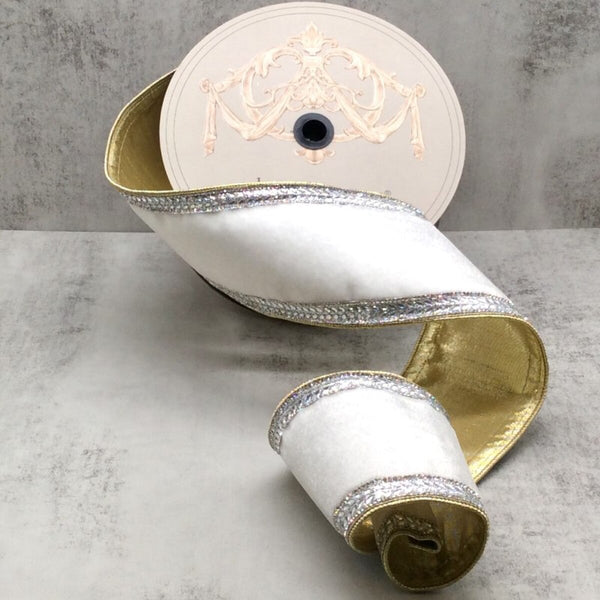 Ruban latéral velours bijou cristal clair blanc hivernal 10 cm x 4,5 m