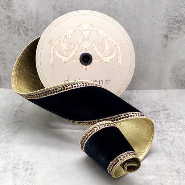 Ruban latéral velours bijou cristal noir noir or 10 cm x 4,5 m