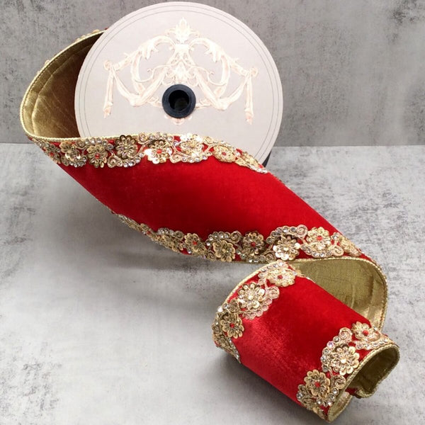 Ruban latéral velours bijou fleuri or rouge 10 cm x 4,5 m