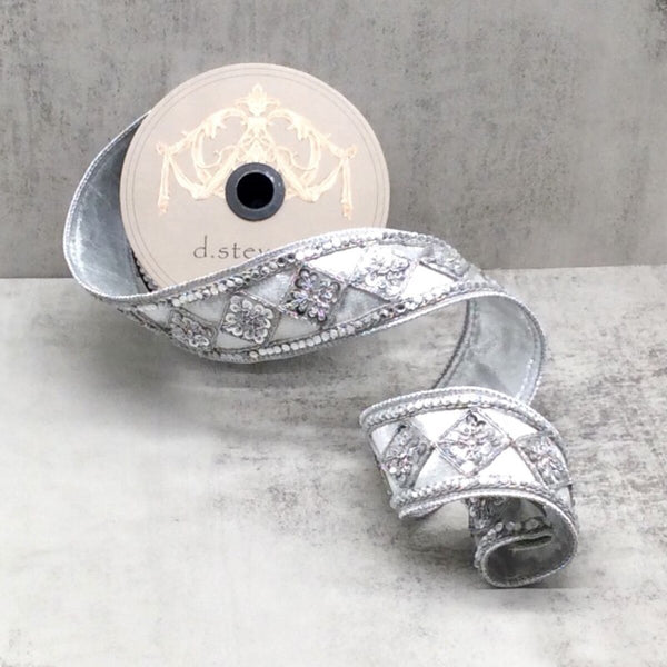 Ruban velours soie métallique centre bijou diamant sequins argent 5 cm x 4,5 m