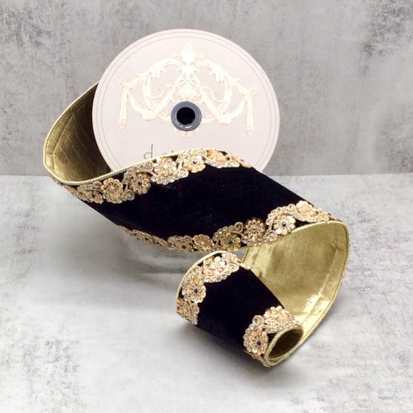 Ruban latéral velours bijou fleuri or noir 10 cm x 4,5 m