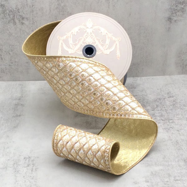 Ruban soie bourges sequins or blanc hivernal 11,5 cm x 9 m