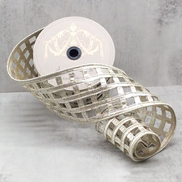 Ruban soie métallique clairvaux carreaux platine 10 cm x 9 m