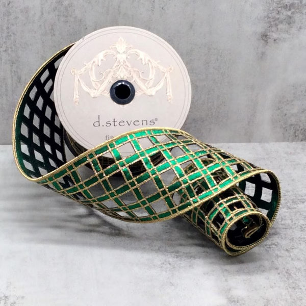 Ruban soie métallique clairvaux carreaux vert émeraude 10 cm x 9 m