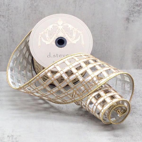 Ruban soie métallique clairvaux carreaux argent or 10 cm x 9 m