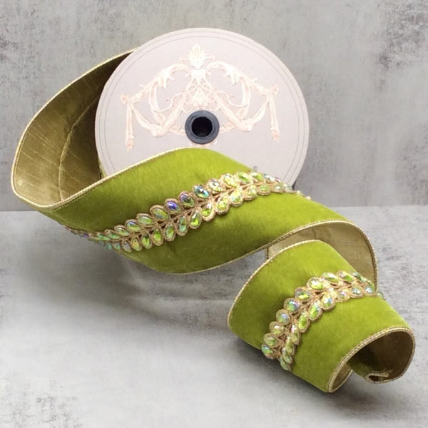 Ruban velours bijou feuilles févier aurore boréale lime 10 cm x 4,5 m