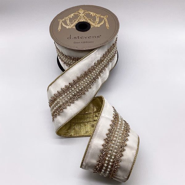 Ruban velours bijou comtesse centre perle blanc hivernal 10 cm x 4,5 m