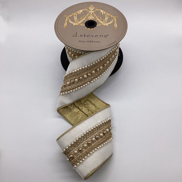 Ruban velours bijou perle poiret centre blanc hivernal 10 cm x 4,5 m