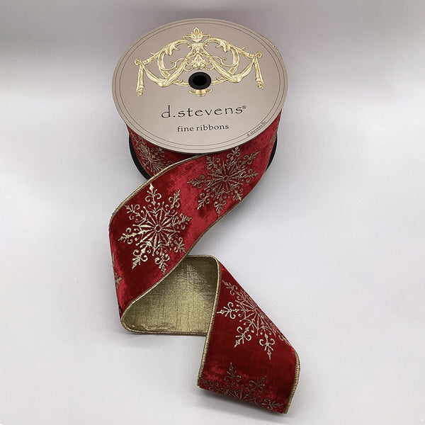 Ruban velours flocon neige or rouge 10 cm x 9 m