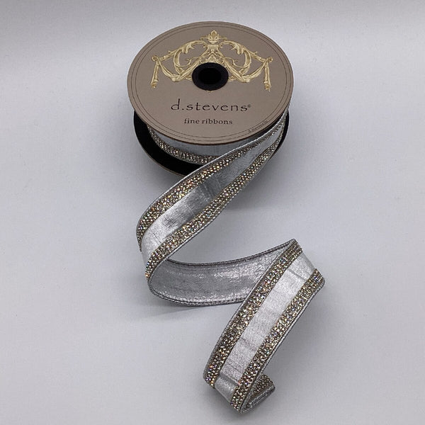 Ruban soie métallique rayure bijou cristal clair argent 3,8 cm x 4,5 m