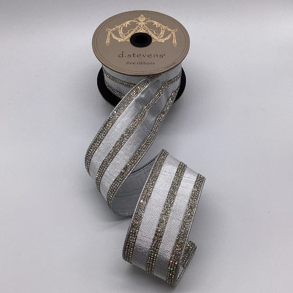 Ruban soie métallique rayure bijou cristal clair argent 6,5 cm x 4,5 m