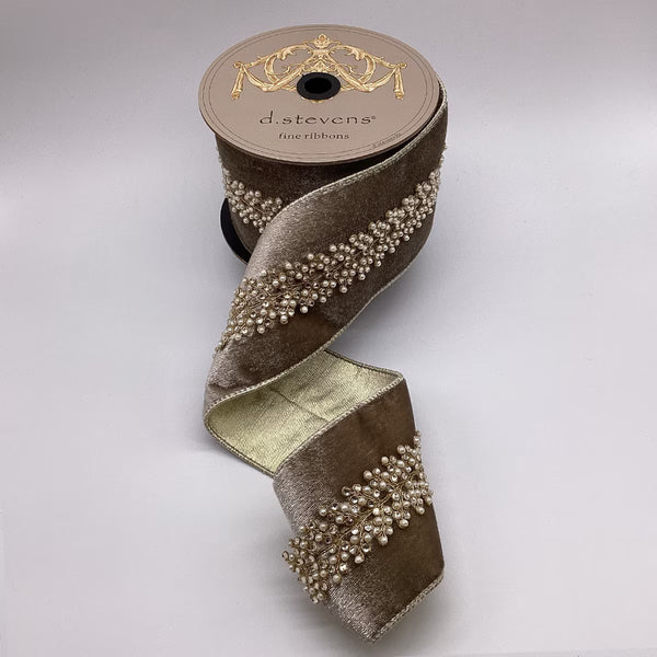 Ruban velours glacé bijou perle branche platine 10 cm x 4,5 m