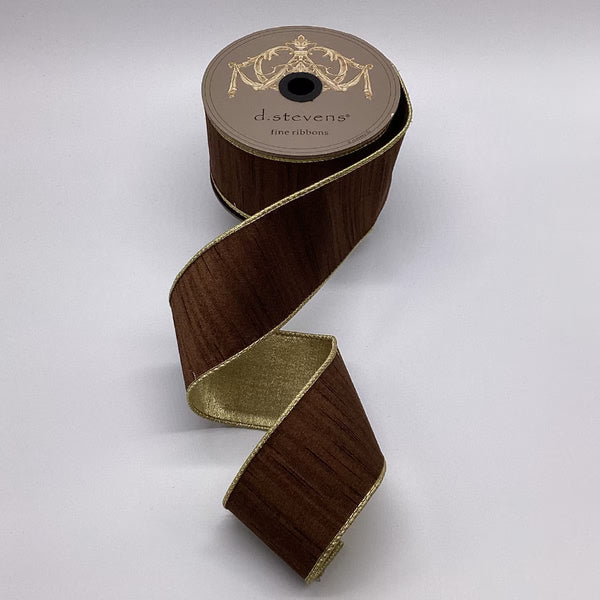 Ruban soie flammé dos métallique or noyer 6,5 cm x 9 m