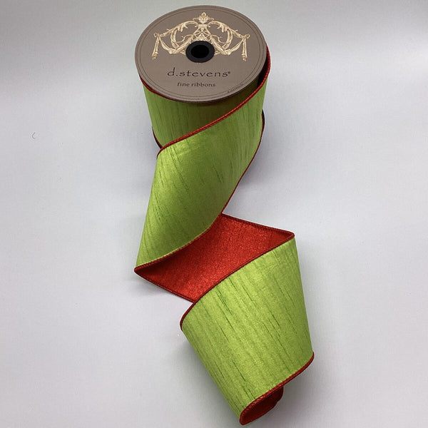 Ruban soie flammé dos métallique rouge vert lime 10 cm x 9 m
