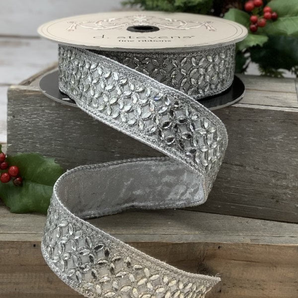 Ruban soie métallique treillis fleur cristal argent 3,8 cm x 9 m