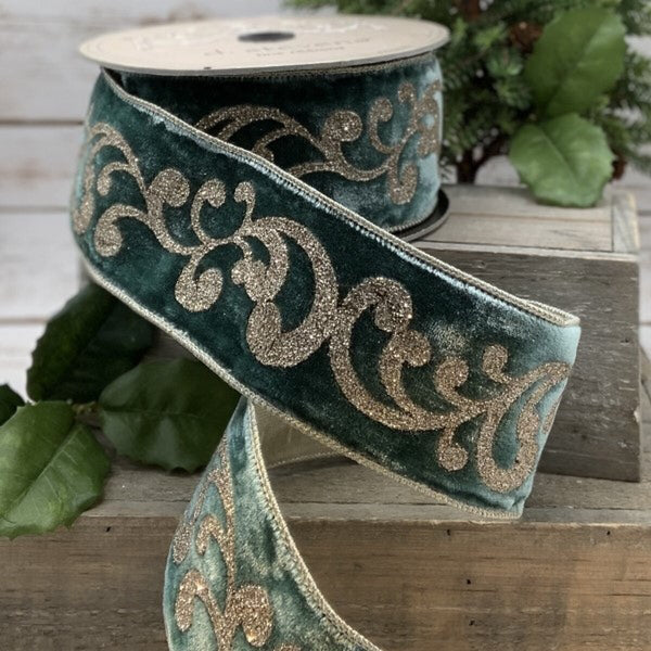 Ruban velours grandes volutes platine céladon 7,6 cm x 9 m