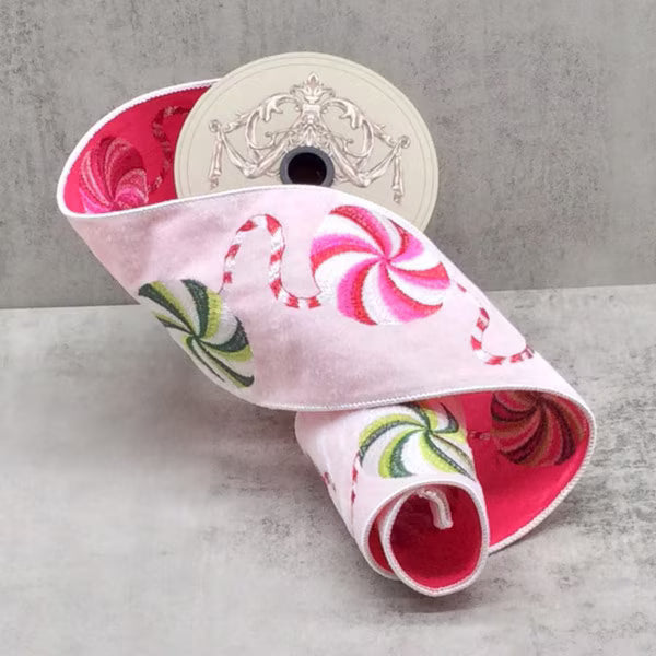 Ruban velours brodé rouge rose vert bonbon blanc hivernal 10 cm x 5 m