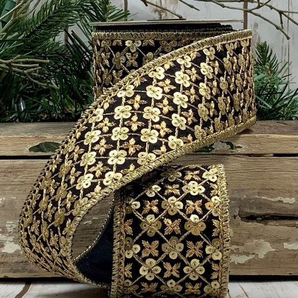 Ruban sequins soie métallique noir 6,5 cm x 4,5 m