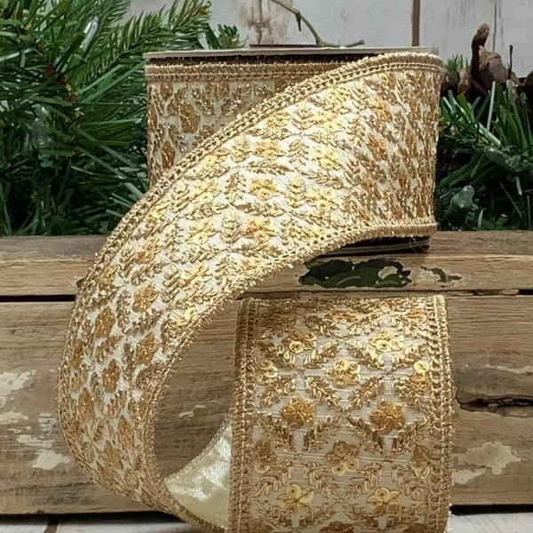 Ruban latéral sequins soie métallique ivoire 6,5 cm x 4,5 m