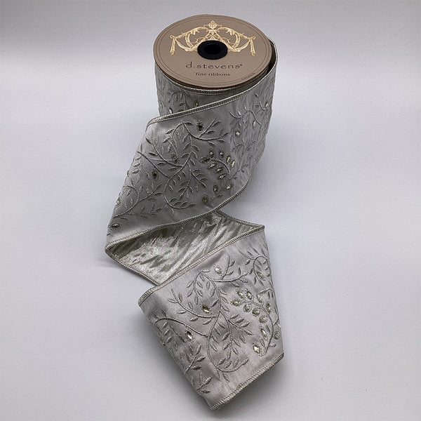 Ruban soie broderie feuilles bijoux argent 10 cm x 4,5 m