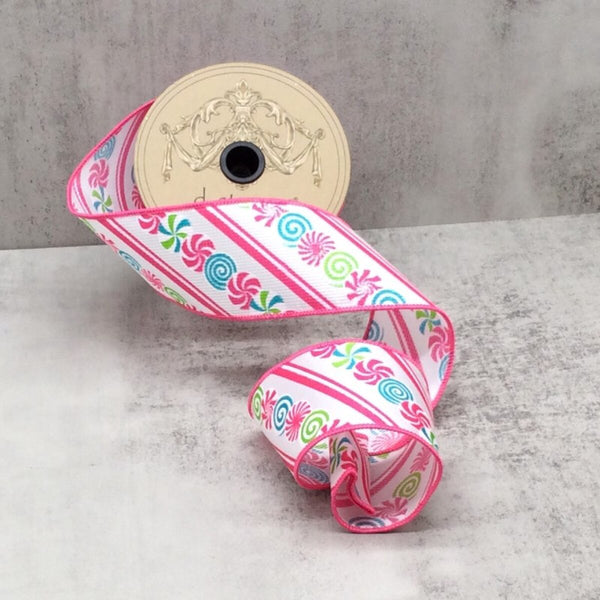 Ruban satin disques menthe poivrée diagonale rose bleu blanc 6,5 cm x 9 m