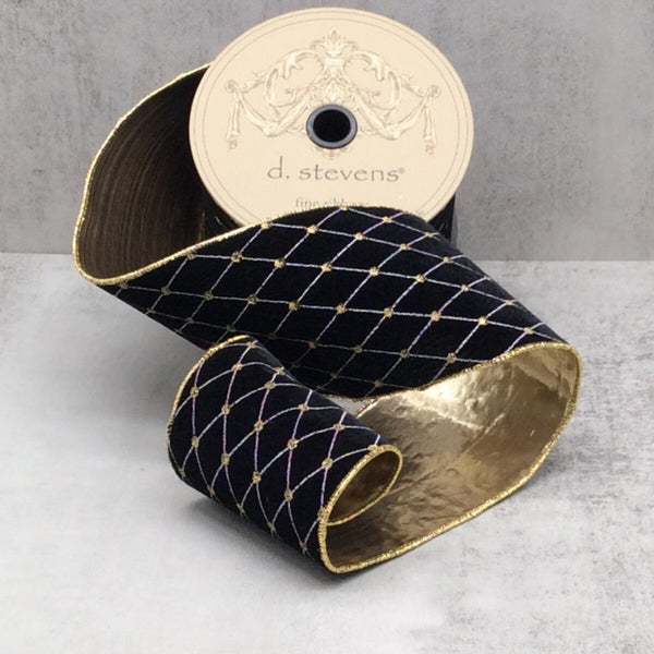 Ruban velours motif brodé diamants noir 10 cm x 9 m