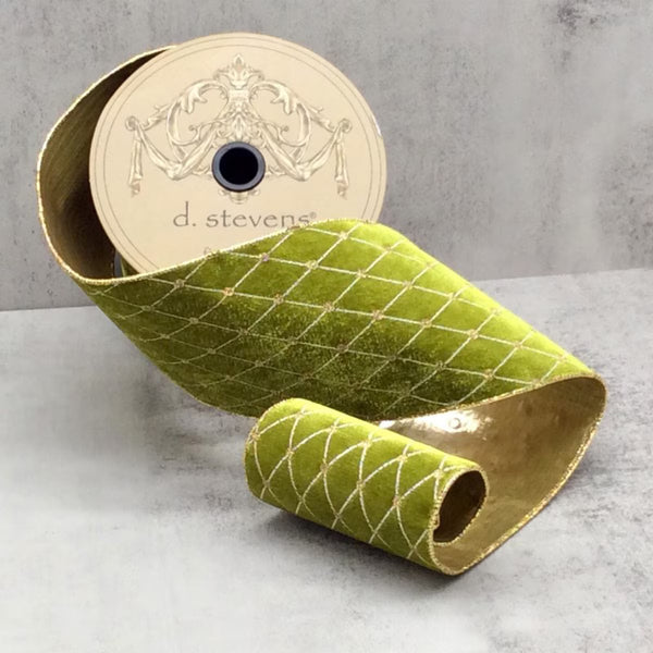 Ruban velours motif brodé diamants chartreuse 10 cm x 9 m