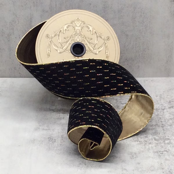 Ruban velours lignes modernes dorées noir 6,5 cm x 9 m