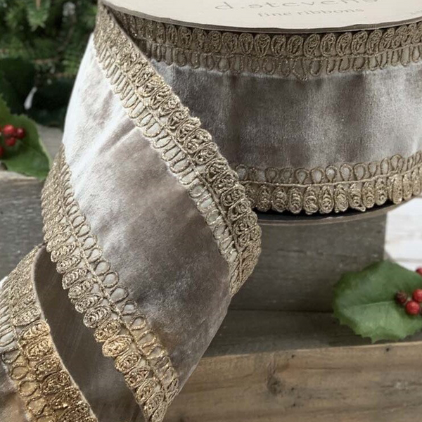 Ruban latéral corde brodée velours métallique platine 10 cm x 9 m