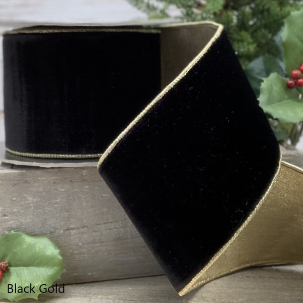 Ruban luxueux velours dos métallique or clair noir 10 cm x 9 m