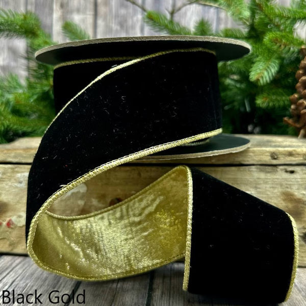 Ruban luxueux velours dos métallique or clair noir 6,5 cm x 9 m