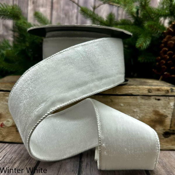 Ruban luxueux velours dos métallique platine blanc hivernal 6,5 cm x 9 m