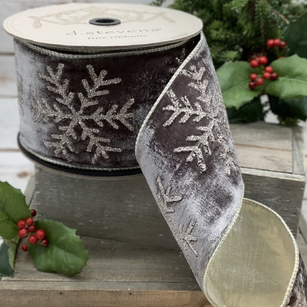 Ruban velours grand flocon neige pailleté platine gris 10 cm x 9 m