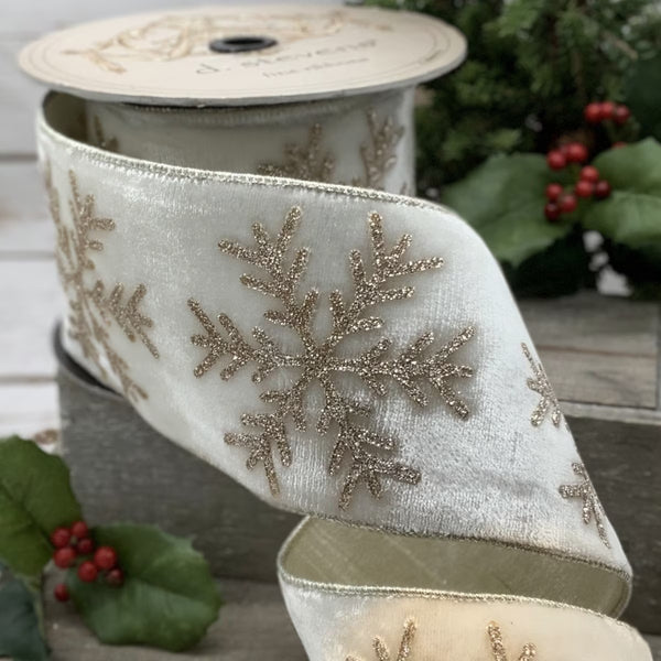 Ruban velours grand flocon neige pailleté platine blanc hivernal 10 cm x 9 m