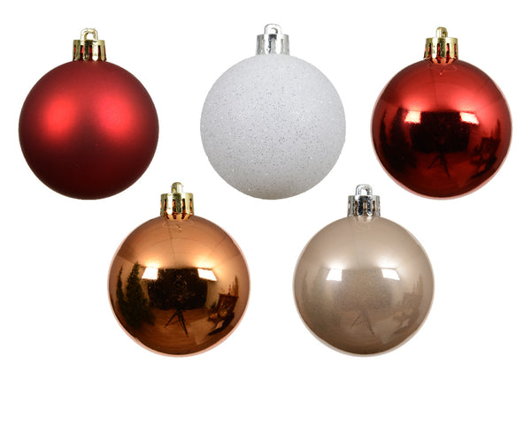 Boules de Noël assorties rouge, blanc et cuivre – boîte de 30