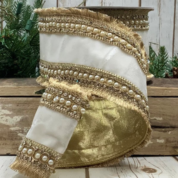 Ruban frange velours bijou perle blanc hivernal 10 cm x 4,5 m