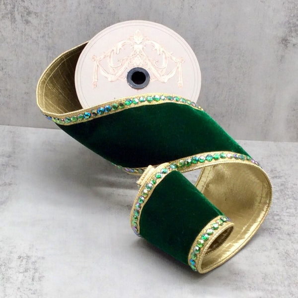 Ruban latéral velours bijou dos or émeraude 10 cm x 4,5 m