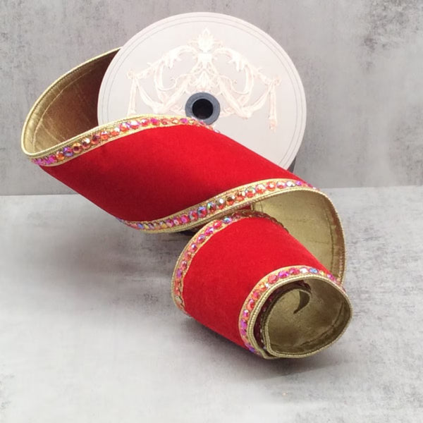 Ruban latéral velours bijou dos or rouge 10 cm x 4,5 m